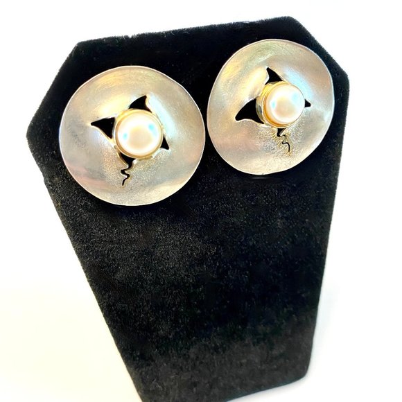 Handcrafted Sterling & Pearl Round Post Earrings - Picture 1 of 3